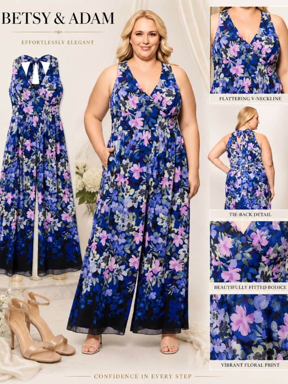 Betsy & Adam Black Blue Floral Print Sleeveless Wide Leg Jumpsuit NWT Summer